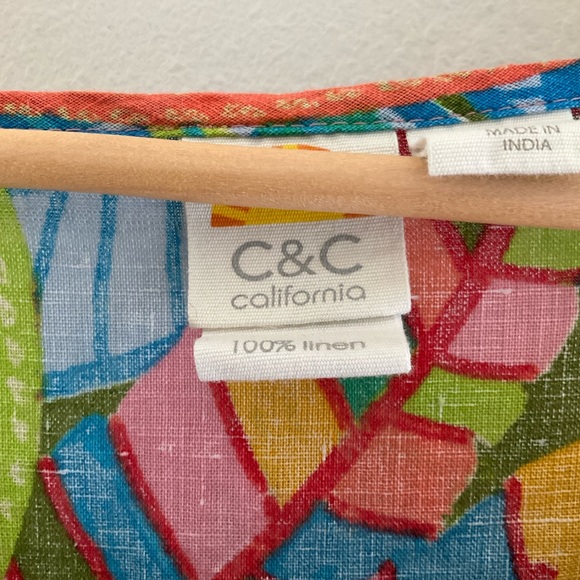 C&C California 1X Multicolor 100% Linen Tropical Foliage Print High Low Top - Picture 8 of 8